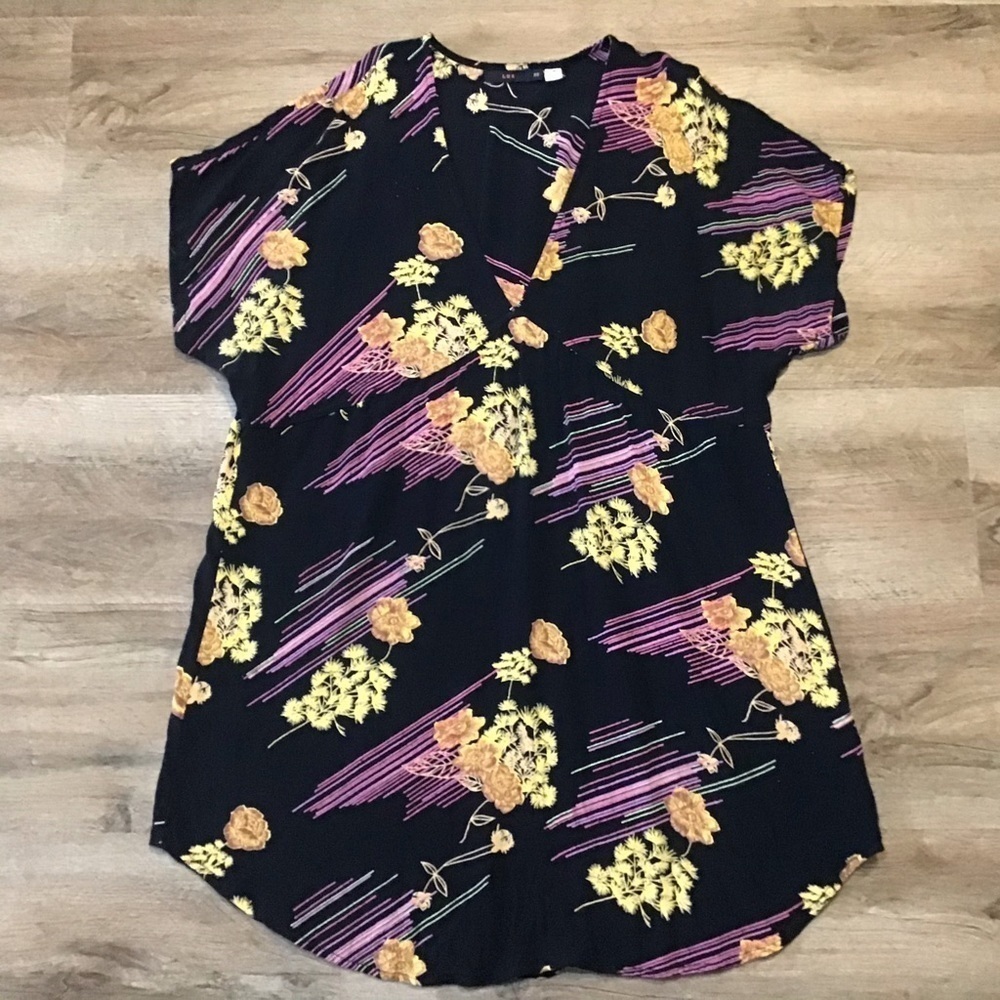ANTHROPOLOGIE Size XS Lux Dress Mini Floral Black Purple Yellow Boho Beach